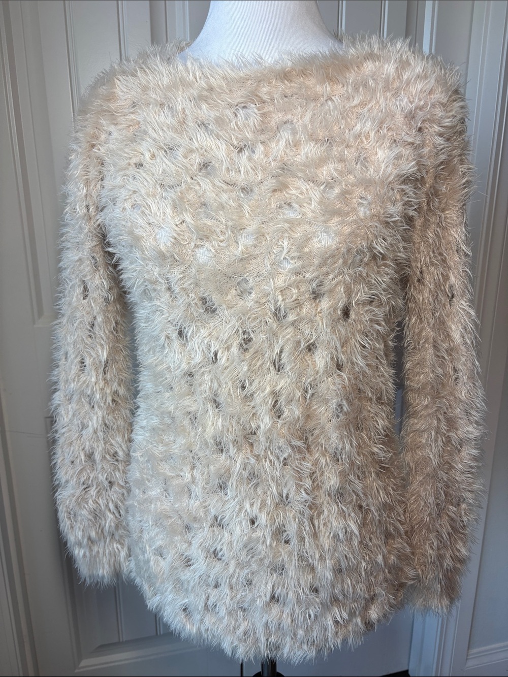 Arden B Cream Faux-Fur Textured Crew Neck Sweater